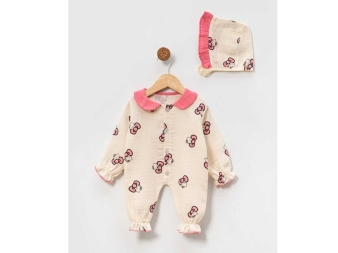 KIZ 1/3 AY MÜSLİN HELLO KİTTY VE ŞAPKA TULUM 