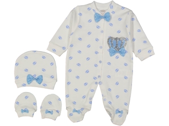 ERKEK 3/9 AY TAŞLI KRAL TAÇ NAKIŞLI BASKILI MAVİ TULUM SETİ 