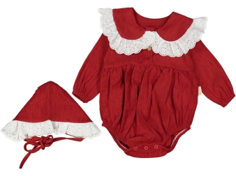 KIZ 6/12 AY ŞÖNİL ROMPER YAKASI FİSTOLU ŞAPKALI TULUM