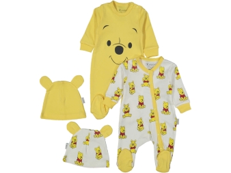 ERKEK 3/6 AY YANDAN ÇITÇITLI POOH BASKILI ŞAPKALI TULUM