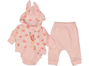 KIZ 3/9 AY GÜL KANAVİÇELİ KULAKLI KAPŞONLU 3LÜ TAKIM 