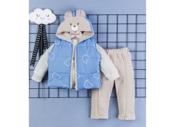 ERKEK 9/18 AY KAPŞON AYI NAKIŞLI YELEKLİ 3LÜ TAKIM