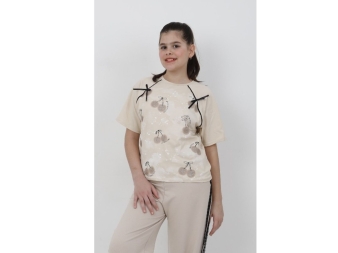 KIZ 10/13 YAŞ KİRAZ BASKILI KURDELALI TİŞÖRT