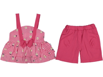 KIZ 2/5 YAŞ ASKILI PAPATYA BASKILI PİTİ KARELİ BLUZ ETEK TAKIM