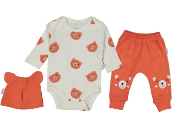 ERKEK 3/12 AY AYICIK BASKILI KULAKLI ŞAPKALI 3LU TAKIM