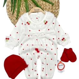 KIZ 3/12 AY YAKA KİRAZ DESEN ŞAPKALI ELDİVEN TULUM