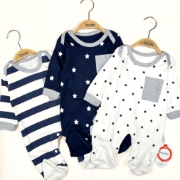 ERKEK 0/6 AY YILDIZLI ÇİZGİLİ CEP DETAYLI 3LÜ TULU