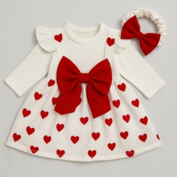 KIZ 6/24 AY BÜYÜK KALP BASKILI UZUN KOLLU ELBİSE