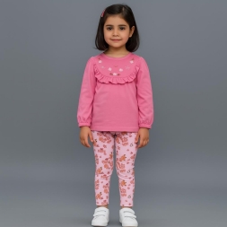 KIZ 2/5 YAŞ ÖNLÜK YAKA ÇİÇEK İŞLEMELİ 2Lİ TAKIM