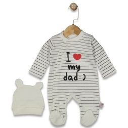 ERKEK 0/6 AY I MOM DAD BASKILI ŞAPKALI TULUM