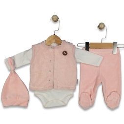 ERKEK 0/6 AY KADİFE YELEKLİ BADİLİ 4LÜ SET