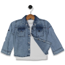 ERKEK 3/7 YAŞ WİKİLAND BASKILI  MAVİ 2Lİ KOT GÖMLE