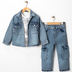 ERKEK 5/8 YAŞ ÇİFT TORBA CEPLİ KOT CEKETLİ TAKIM