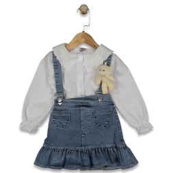 KIZ 1/4 YAŞ GÖMLEKLİ AYICIKLI ASKILI KOT ETEK