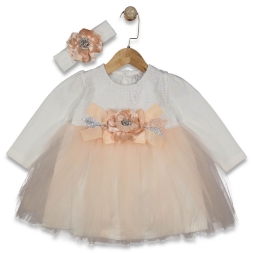 KIZ 2/4 YAŞ İNCİLİ GÖBEK ÇİÇEKLİ BANDANALI ELBİSE