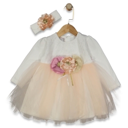 KIZ 2/4 YAŞ İNCİLİ TAŞLI BANDANALI ELBİSE