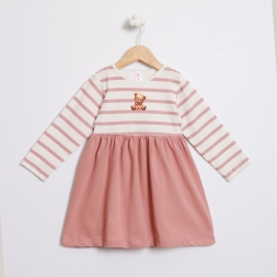 KIZ 2/5 YAŞ ÇİZGİLİ AYI BASKILI ELBİSE