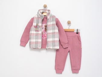 KIZ 2/5 YAŞ EKOSE YELEKLİ ÜÇ İP ÜÇLÜ TAKIM