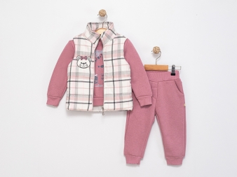 KIZ 2/5 YAŞ EKOSE YELEKLİ ÜÇ İP ÜÇLÜ TAKIM