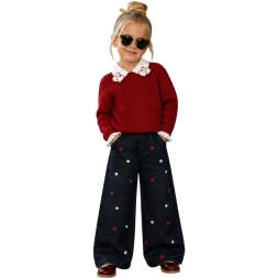 KIZ 2/5 YAŞ KALP NAKIŞLI KOT PANTOLONLU 3 LU TAKIM
