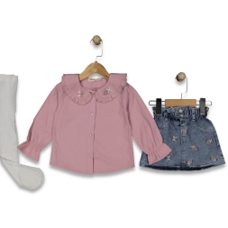 KIZ 2/5 YAŞ YAKA KELEBEKLİ ÜÇLÜ TAKIM