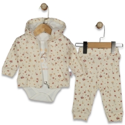 KIZ 3/12 AY ÇİÇEK BASKILI KAPŞONLU 3LÜ TAKIM