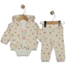 KIZ 3/12 AY GÜL BASKILI  KAPŞONLU 3LÜ TAKIM