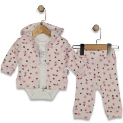 KIZ 3/12 AY KARIŞIK ÇİÇEK BASKILI  KAPŞONLU 3LÜ TA