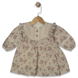 KIZ 3/18 AY ÇİÇEK BASKILI YAKA GÜPÜRLÜ ELBİSE