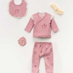 KIZ 3/3 AY ÇİÇEK BASKI VE NAKIŞLI OMUZ BRODELİ BEŞ