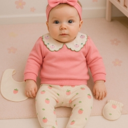 KIZ 3/3 AY ÇİLEK YAKA NAKIŞLI BE BASKILI BEŞLİ SET