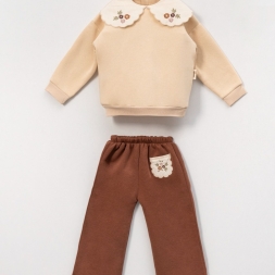 KIZ 3/6 YAŞ ÇİÇEK NAKIŞ YAKA VE PANTOLON İKİLİ TAK