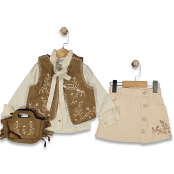 KIZ 3/6 YAŞ DAL NAKIŞLI YELEKLİ ÇANTALI TAKIM