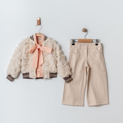 KIZ 3/6 YAŞ FİYONK GÜL DETAYLI 3 LÜ  TAKIM