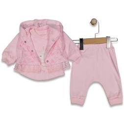 KIZ 3/9 AY ÇİÇEKLİ 3LÜ KAPŞONLU TAKIM