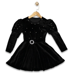 KIZ 6/10 YAŞ İNCİLİ KARPUZ KOLLU KADİFE ELBİSE