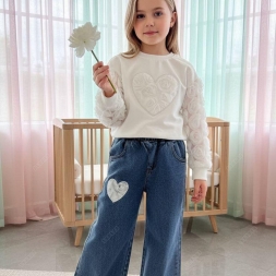 KIZ 6/10 YAŞ TÜLLÜ KALP NAKIŞLI KOT  PANTALONLU TA