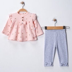 KIZ 6/12 AY ÇİÇEKLİ KUMAŞ DÜĞMELİ FİYONKLU  TAKIM