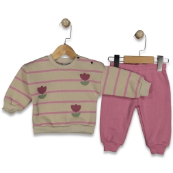 KIZ 6/18 AY BASKILI ÇİÇEK NAKIŞLI ÜÇ İP TAKIM