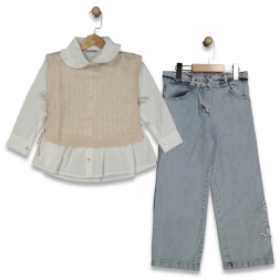 KIZ 6/9 YAŞ DANTEL DESEN YELEKLİ TRİKO TAKIM