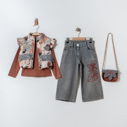 KIZ 6/9 YAŞ YAPRAK DESENLİ 3 LÜ TAKIM