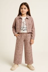 KIZ 9/12 YAŞ ÇİÇEK DESENLİ KOT CEKET TAKIM