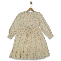 KIZ 9/12 YAŞ  KETEN KUMAŞ BASKILI ELBİSE