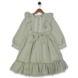 KIZ 9/12 YAŞ KETEN ÖRME ÖNÜ FIRFIRLI GARSON ELBİSE