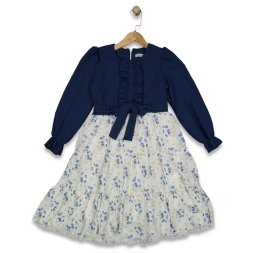 KIZ 9/12 YAŞ KRİNKIL KOMBİNLİ ETEĞİ BASKILI ELBİSE