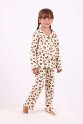 500E-1/1  LEOPAR DESENLİ KIZ ÇOCUK ÖNÜ DÜĞMELİ PİJAMA
