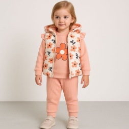 KIZ 9/24 AY ÇİÇEK BASKILI  YELEKLİ TAKIM