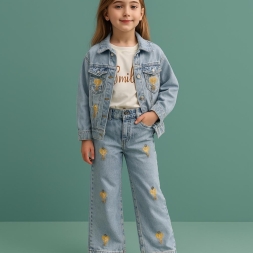 KIZ 9/12 YAŞ KALP NAKIŞLI KOT CEKETLİ TAKIM