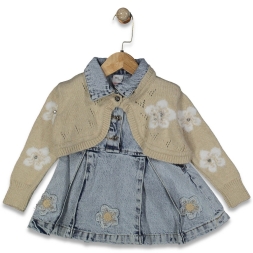 KIZ 9/24 AY  TRİKO HIRKALI ÇİÇEK DESENLİ KOT ELBİS