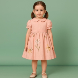 KIZ 5/8 YAŞ KETEN ÇİÇEKLİ ELBİSE